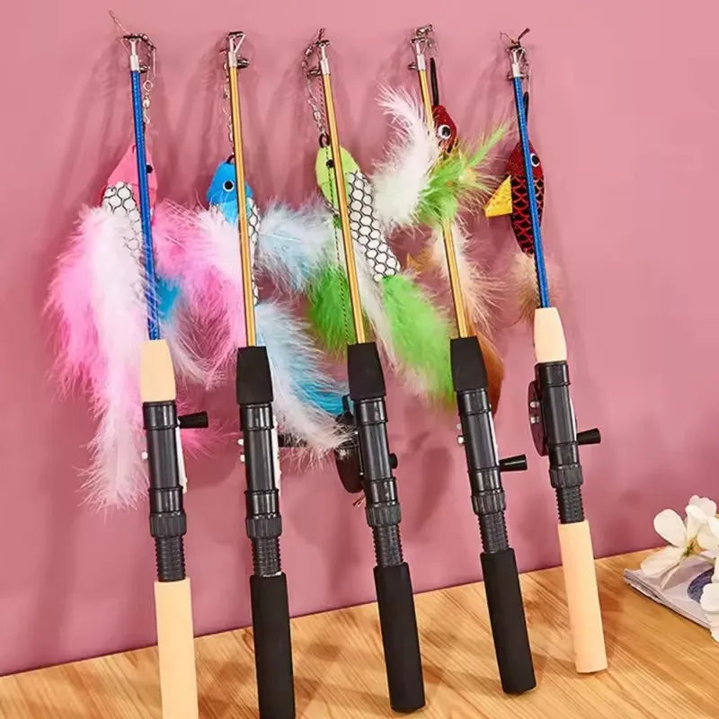 BOOTEELY Retractable Cat Toy Fish Type Telescopic Feathers Funny Cat Stick Toys Pet Toy for Kitten Rods Simulation Fishing Rod