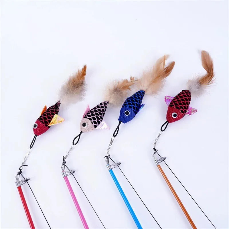 BOOTEELY Retractable Cat Toy Fish Type Telescopic Feathers Funny Cat Stick Toys Pet Toy for Kitten Rods Simulation Fishing Rod
